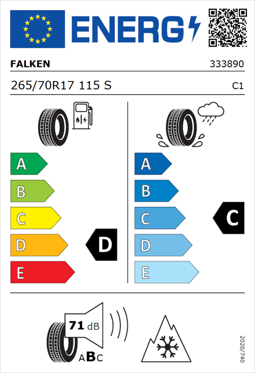 Tyre Label for Falken Wildpeak A/T AT3WA 265/70R17 115S