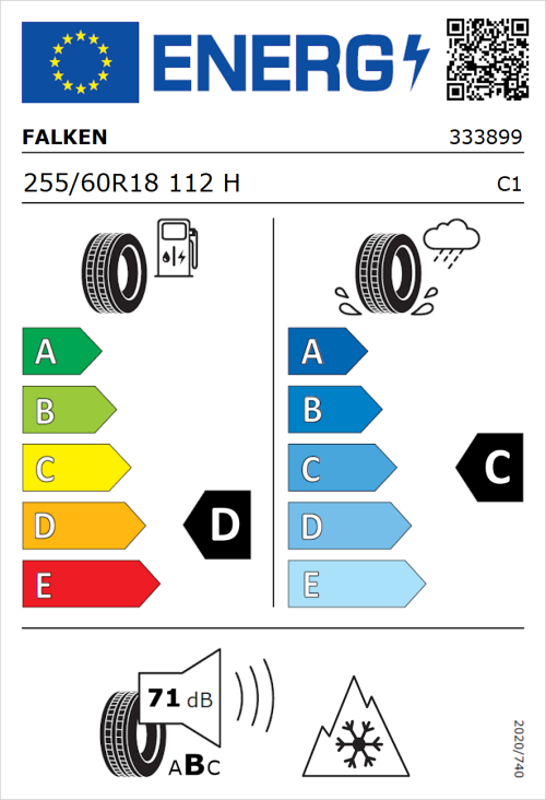Tyre Label for Falken Wildpeak A/T AT3WA 255/60R18 112H