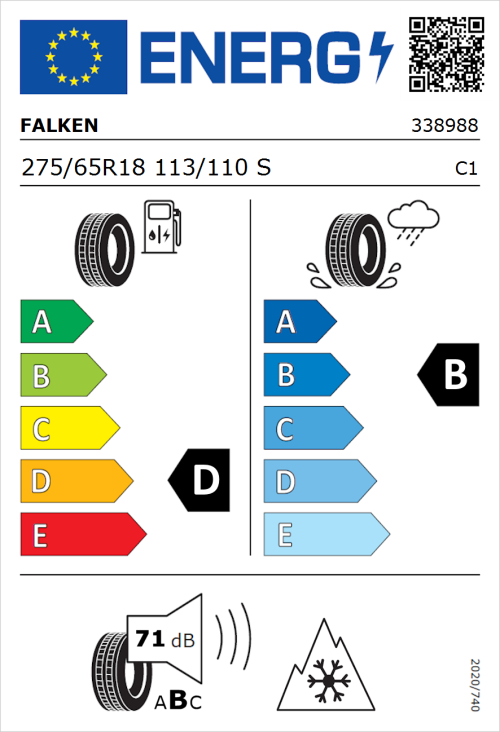 Tyre Label for Falken Wildpeak A/T AT3WA 275/65R18 113/110S