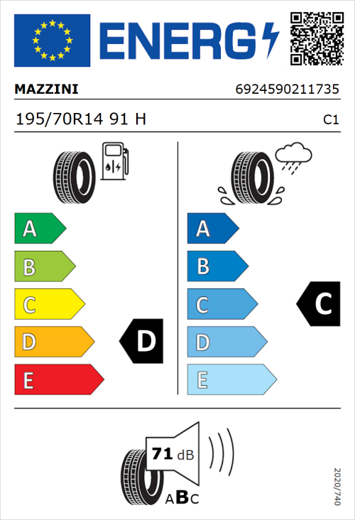 Tyre Label for Mazzini Eco 307 195/70R14 91H